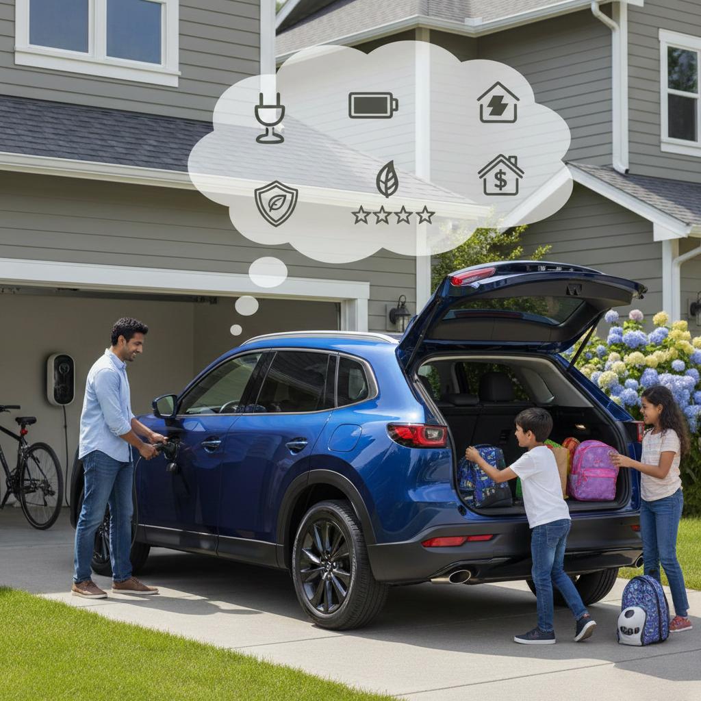 A family interacting with a blue 2026 Mazda CX-70 PHEV in front of their suburban home