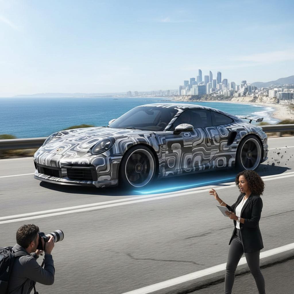 A camouflaged electric Porsche 911 prototype driving on a coastal road with a city skyline in the background, with an automotive writer and photographer capturing the moment.