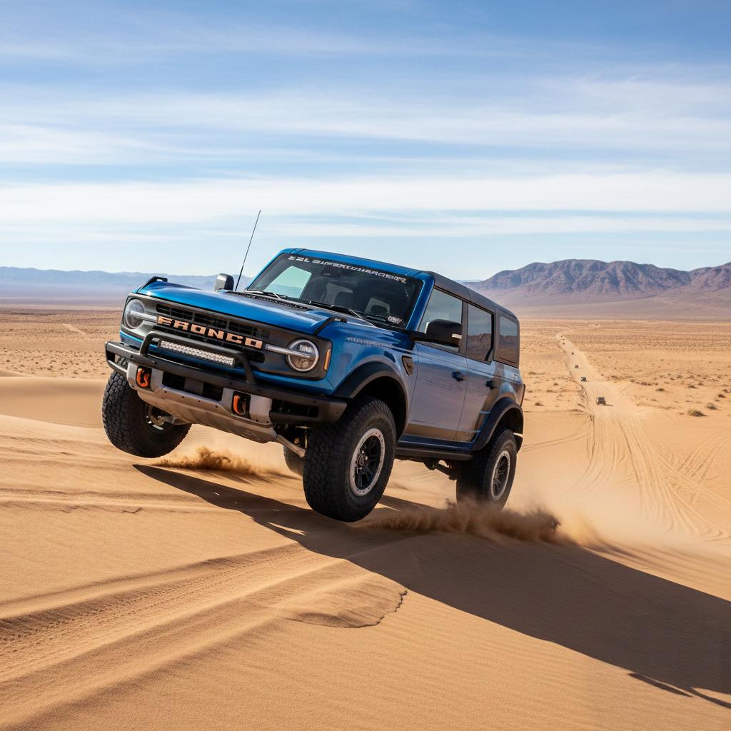 A blue Ford Bronco Raptor R mid-jump over a sand dune