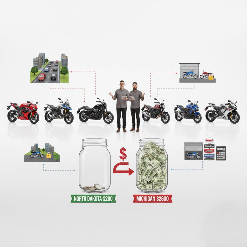 A detailed infographic illustrating the drastic difference in motorcycle insurance costs between North Dakota ($200 annually) and Michigan ($2600 annually).