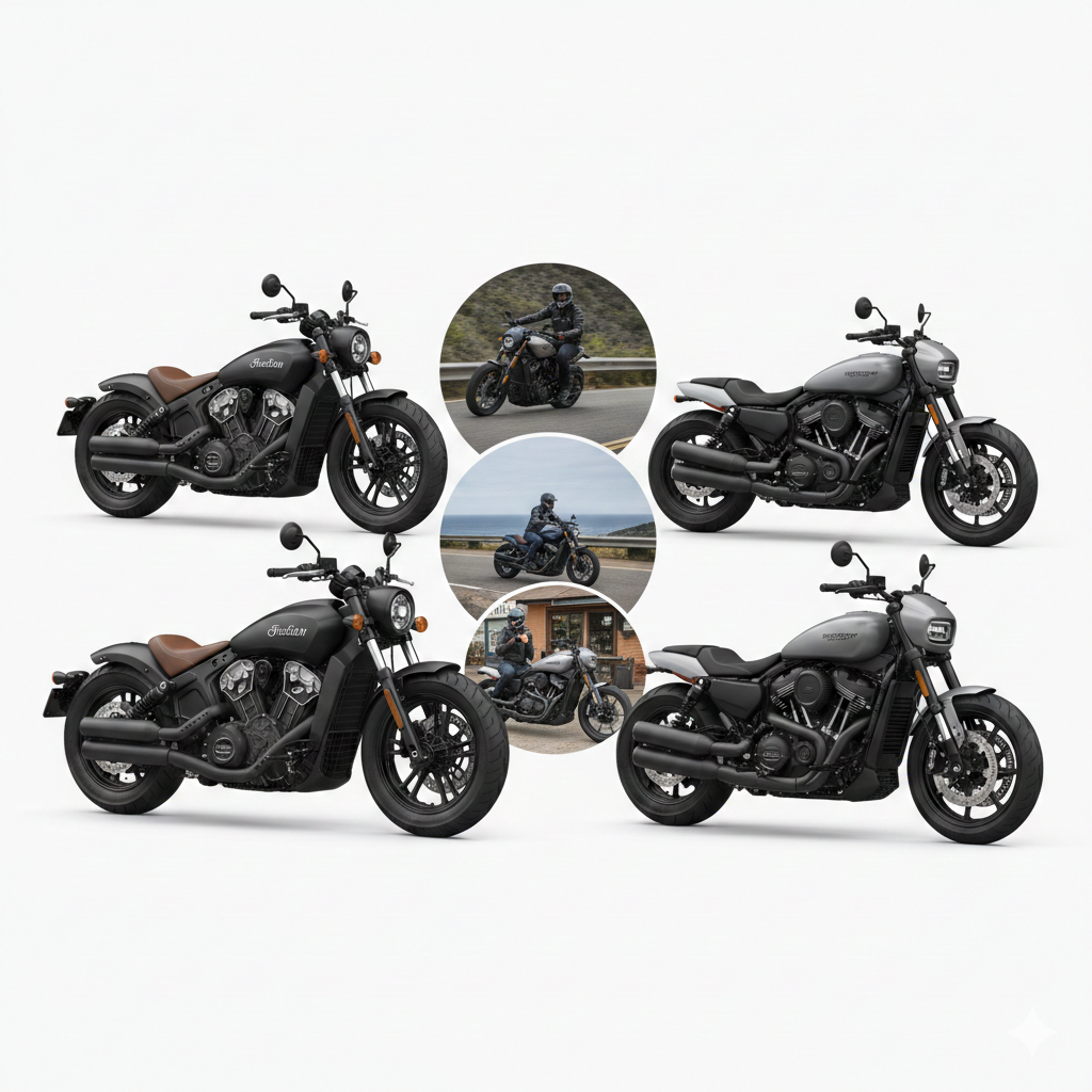A collage featuring two Indian Scout Bobber motorcycles and two Harley Sportster S motorcycles