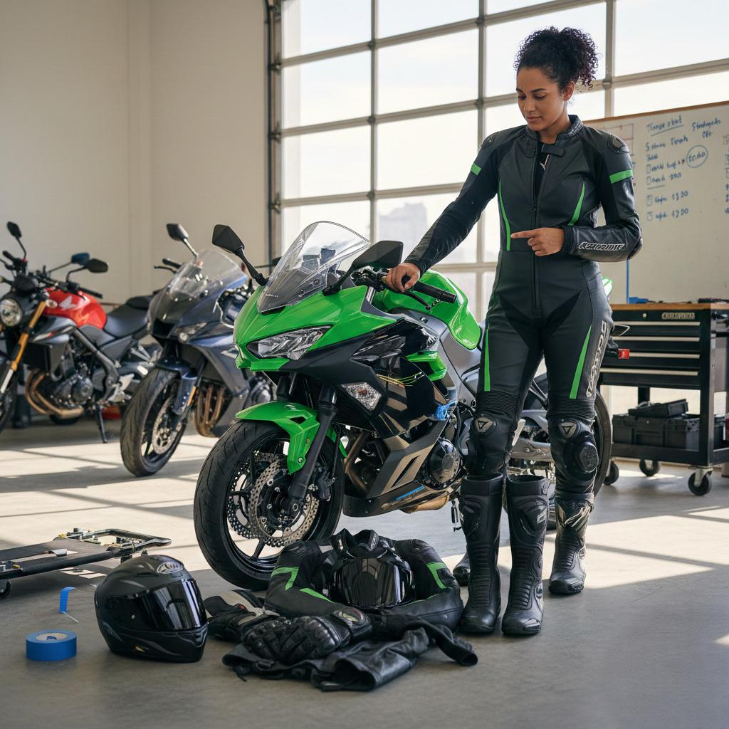 A woman in a black and green leather racing suit stands next to a bright green sportbike in a garage, with a helmet, gloves, and knee pucks laid out on the floor.