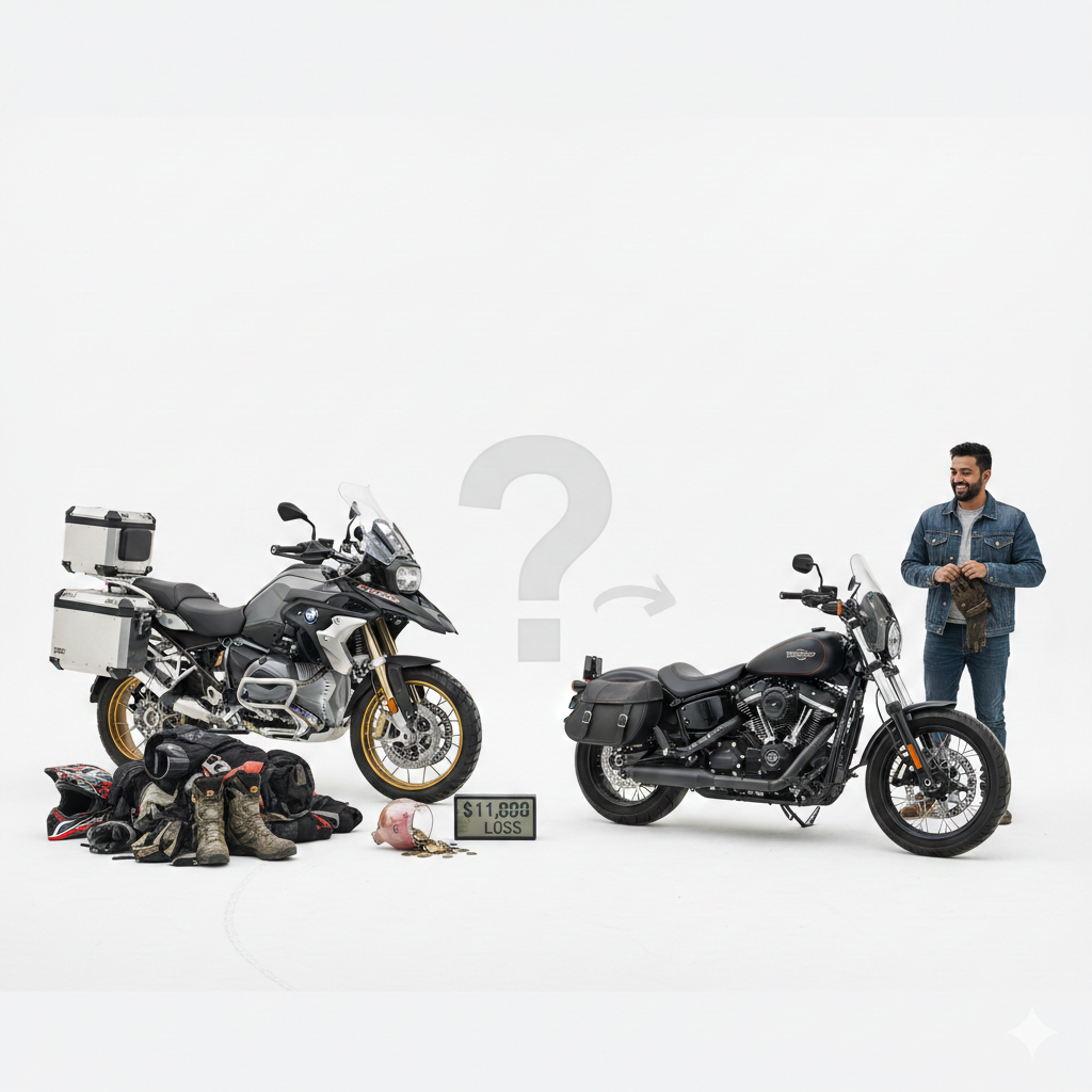 A man standing next to a Harley-Davidson Street Bob cruiser motorcycle, looking contemplatively at a BMW R 1250 GS Adventure bike