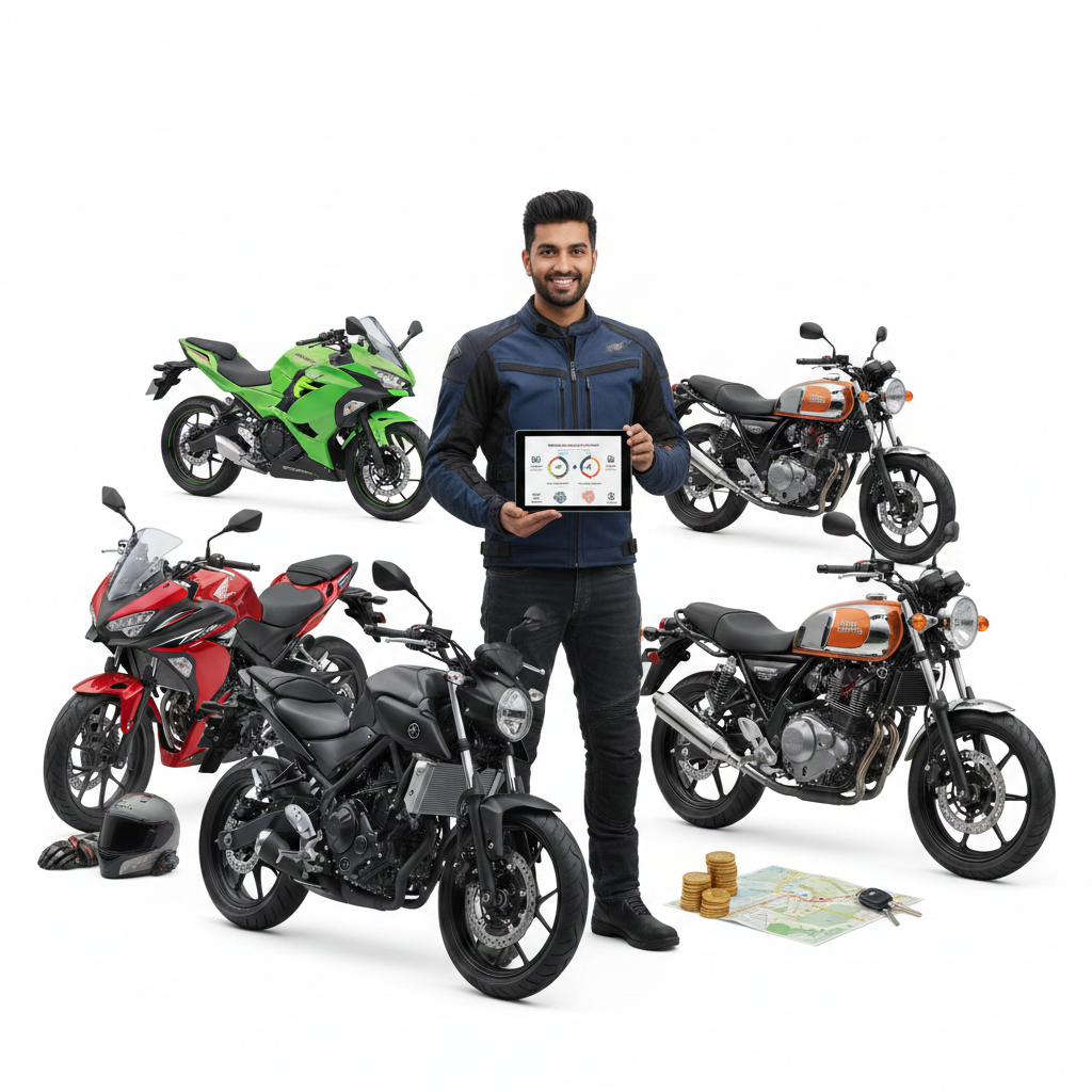 A smiling rider in a protective jacket holding a tablet displaying motorcycle cost breakdowns, surrounded by five diverse beginner motorcycles (Honda CB500F, Kawasaki Ninja 400, Yamaha MT-03, Royal Enfield Interceptor 650, Suzuki SV650