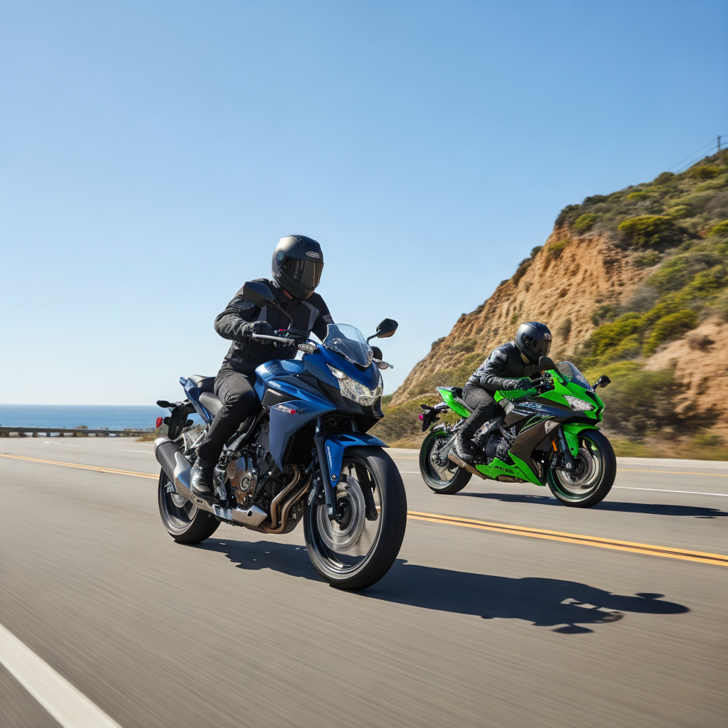 A blue Honda CB500F ridden by a motorcyclist in full gear leads slightly ahead of a green Kawasaki Ninja 650 sportbike