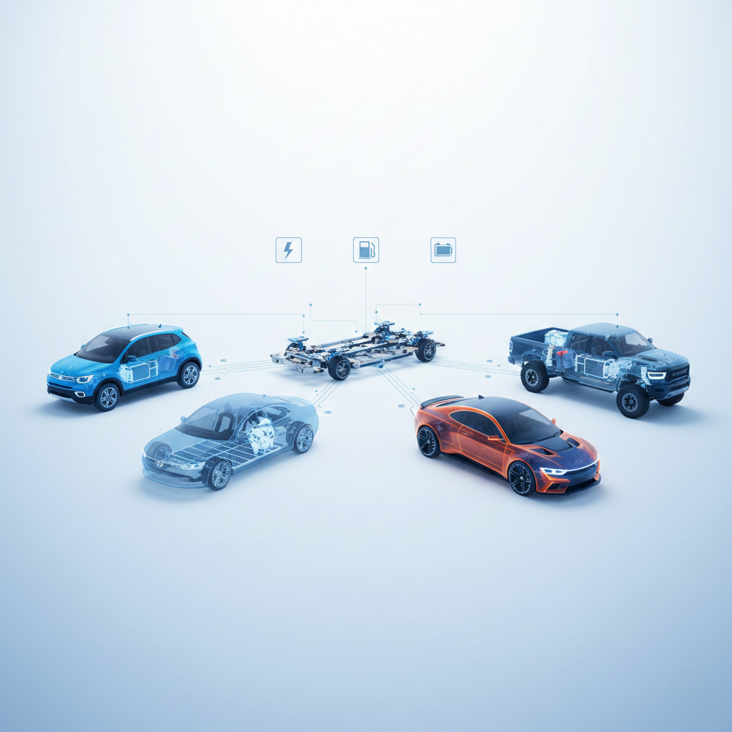 A central modular car platform connecting to various transparent vehicle types