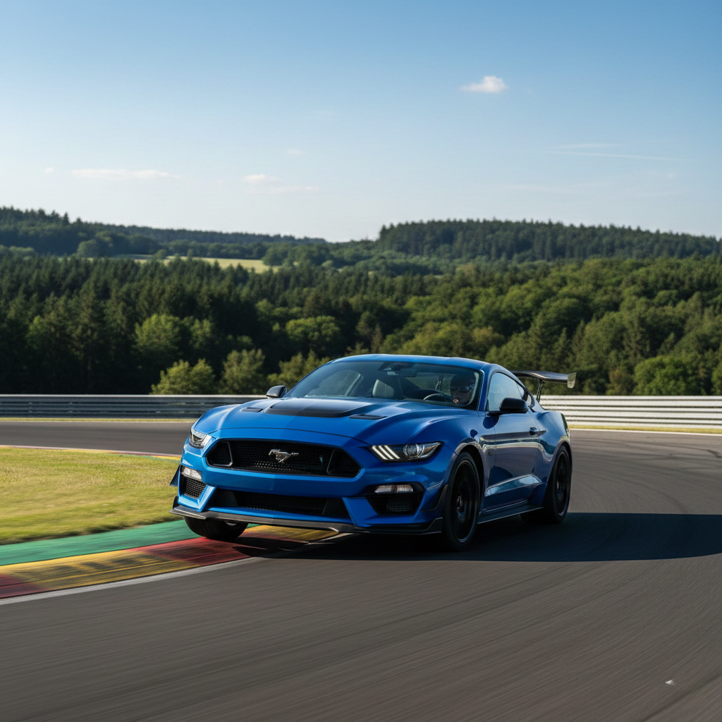 a blue 2026 Ford Mustang GTD cornering hard on a race track