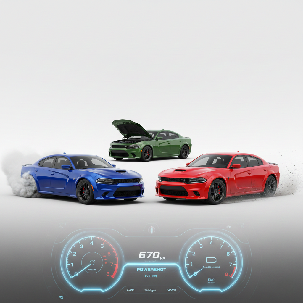 Three 2026 Dodge Chargers, one blue electric Daytona Scat Pack with tire smoke, one red gas-powered SIXPACK, and one green gas-powered SIXPACK