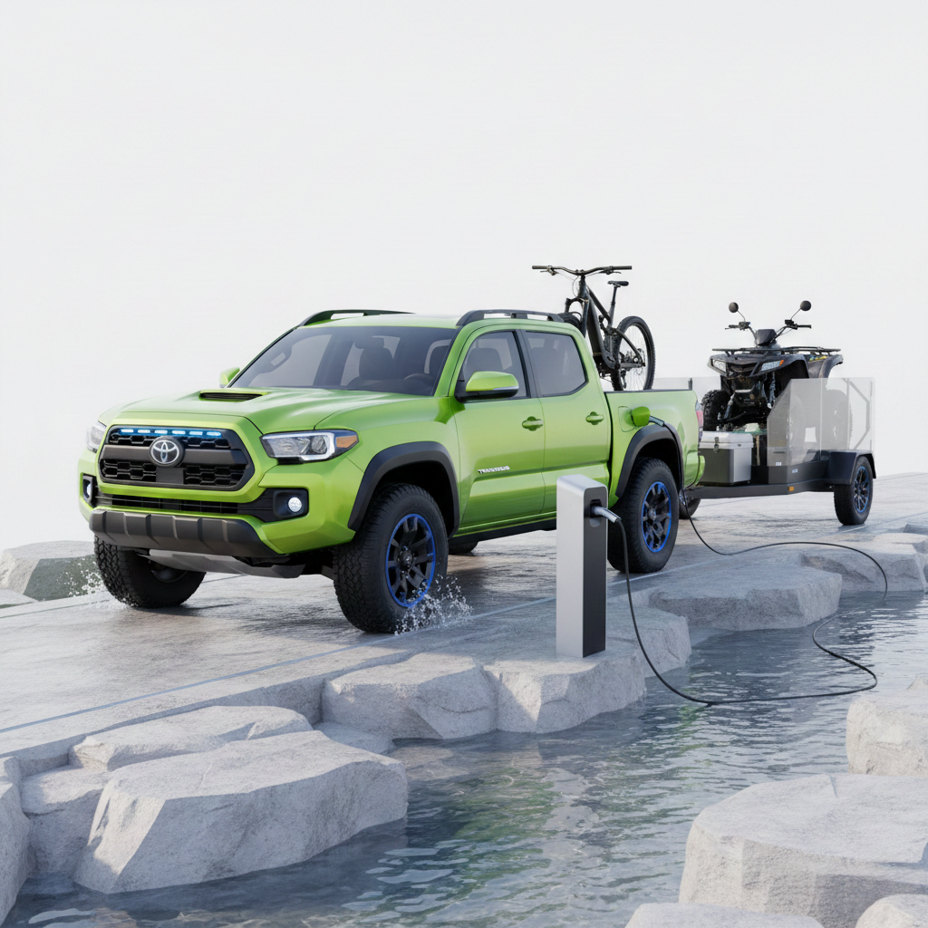Bright green electric Toyota Tacoma pickup truck charging at an outdoor station